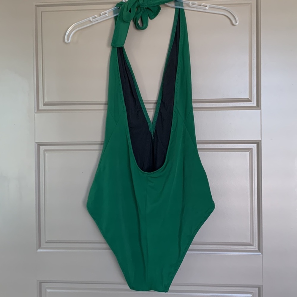 SOLID AND STRIPED GREEN DEEP V ONE PIECE BATHING SUIT MEDIUM - Picture 3 of 4